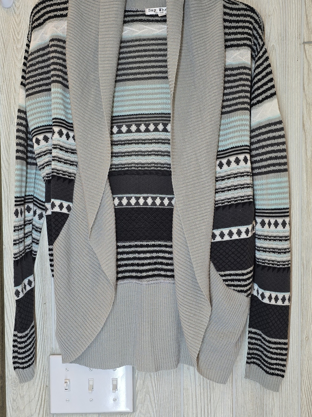 Say What? Gray, Black and Light Aqua Patterned Open-Front Cardigan